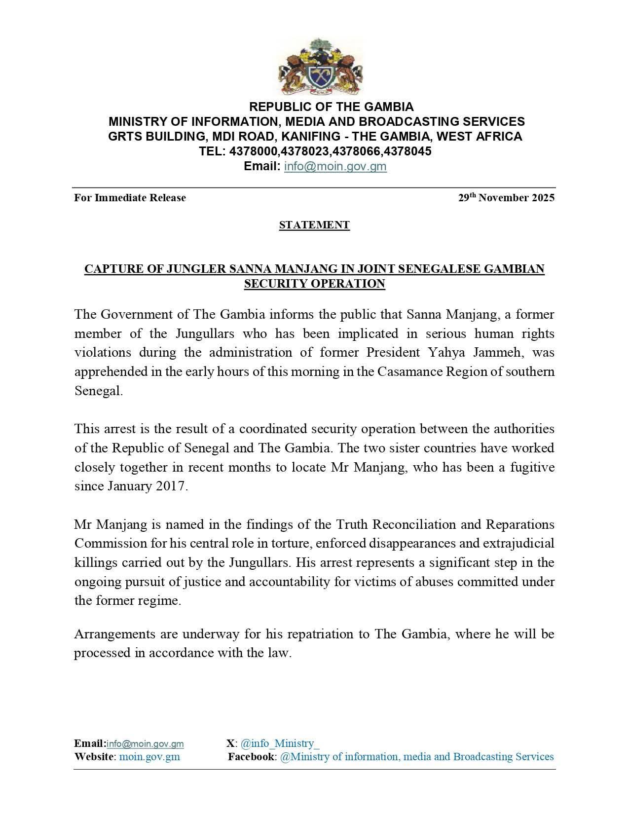 Breaking news: ‘Jungler’ Sanna Manjang apprehended in Senegal